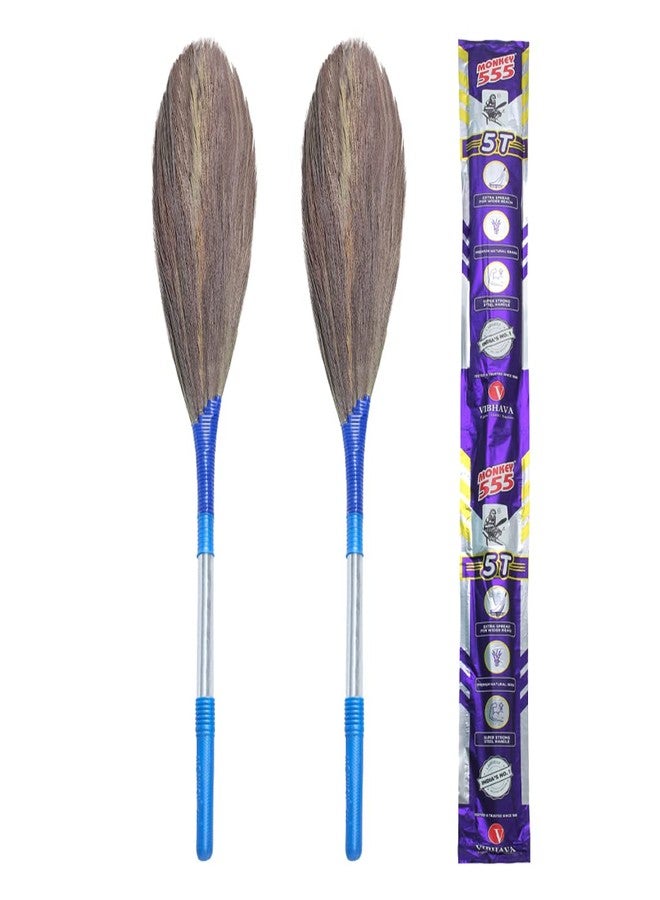 Monkey 555 5T Natural Grass Broom - Pack Of 2 | Removes Fine Dust | Unique Palm (5 Fingers Spread) Design For Fast & Easy Sweeping | Special Polymer Steel Handle| Wide Area Floor Cleaning Broomstick - Image 1